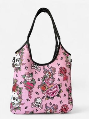 Ed Hardy Pink Floral & Skull Shoulder Bag with Black Straps